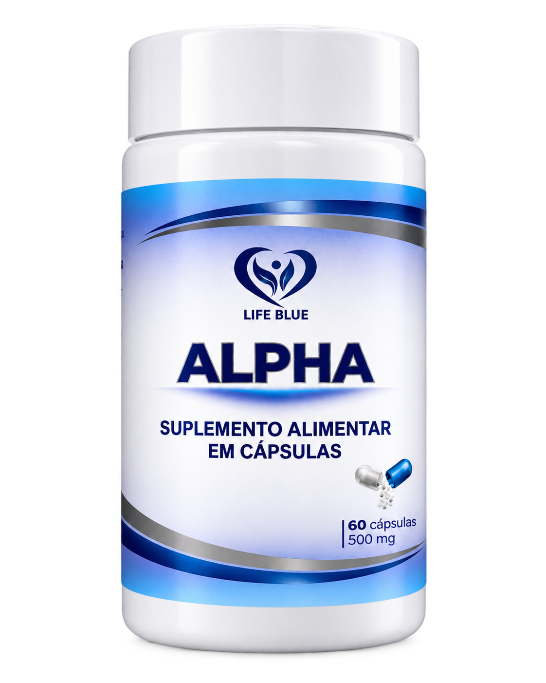 Frasco do suplemento alimentar Alpha Life Blue